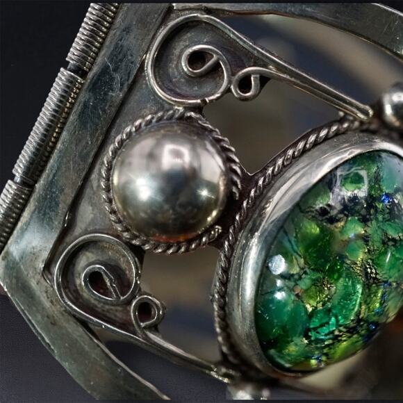 Vintage Taxco Mexico 925 Sterling Silver Link Bracelet Dragon’s Breath Cabochons - Picture 13 of 17